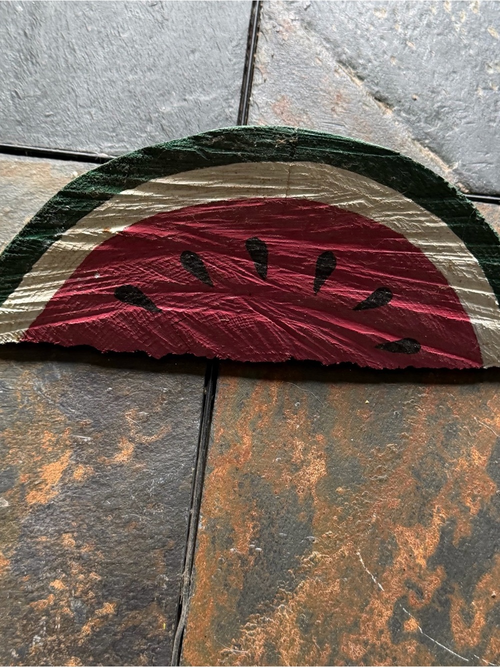 Vintage Green, Cream, Red Painted Wood Watermelon Slice Decor